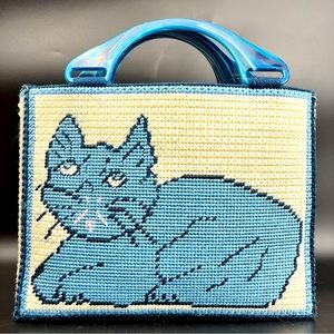 Vintage Needlepoint Cat Tote Purse, Mid Century Kitsch Handbag